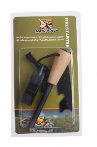 MacGyver Feuerstarter schwarz, aus Stahl & Holz, mit Kompass & Pfeife, ca. 13 cm
