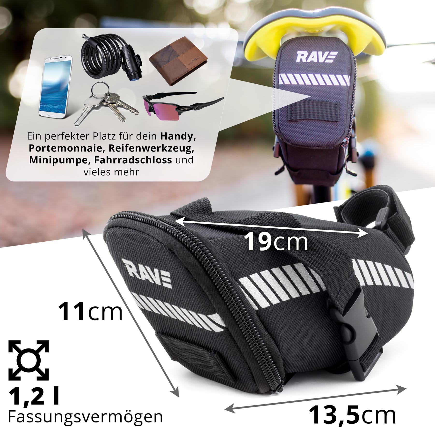 RAVE Fahrradtasche Satteltasche Strap L - ca. 1,2 Liter - Schwarz