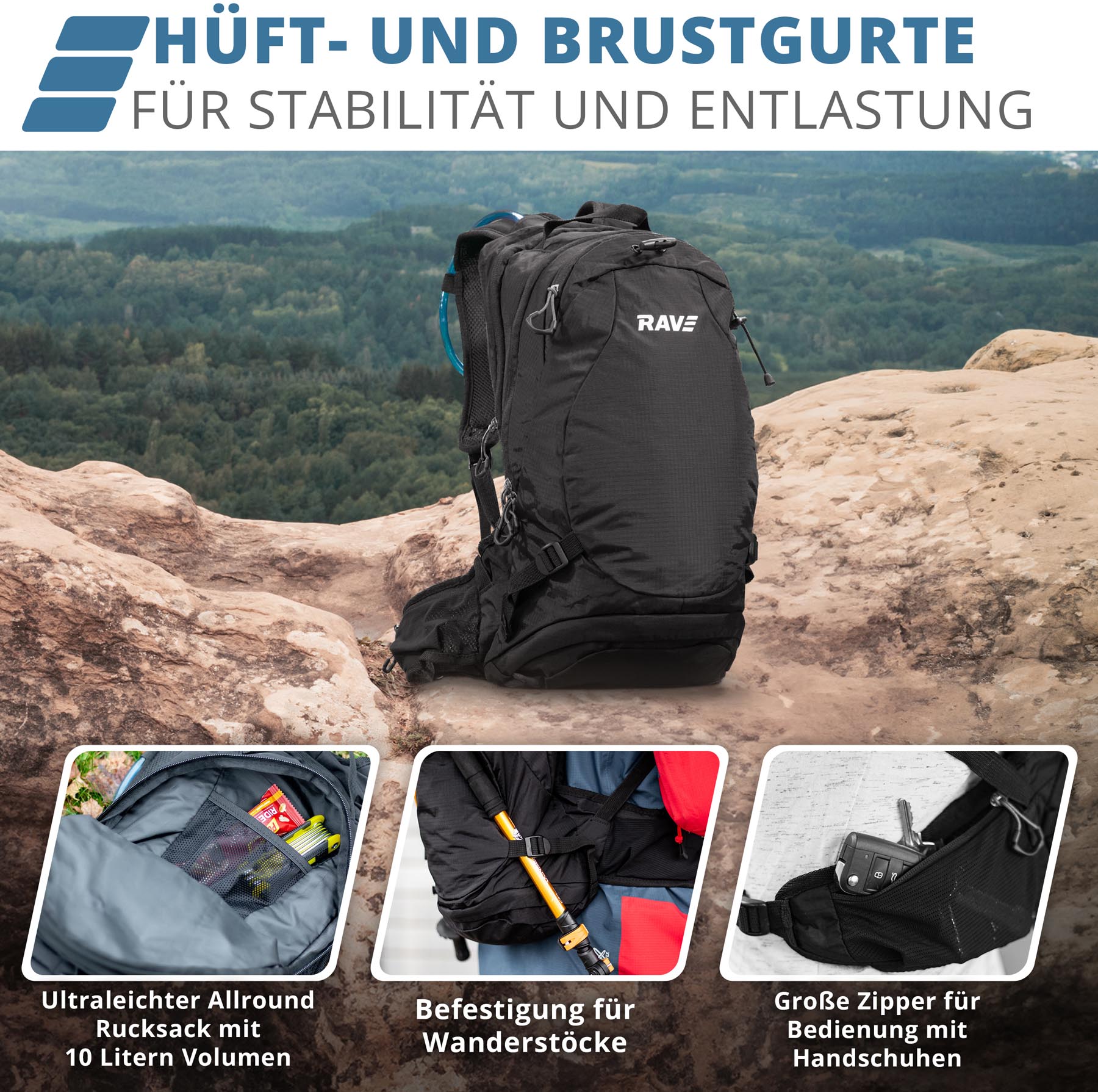 RAVE Bike & Outdoor Rucksack Facile 10 Liter -  inkl. 2 Liter Trinkblase - Schwarz