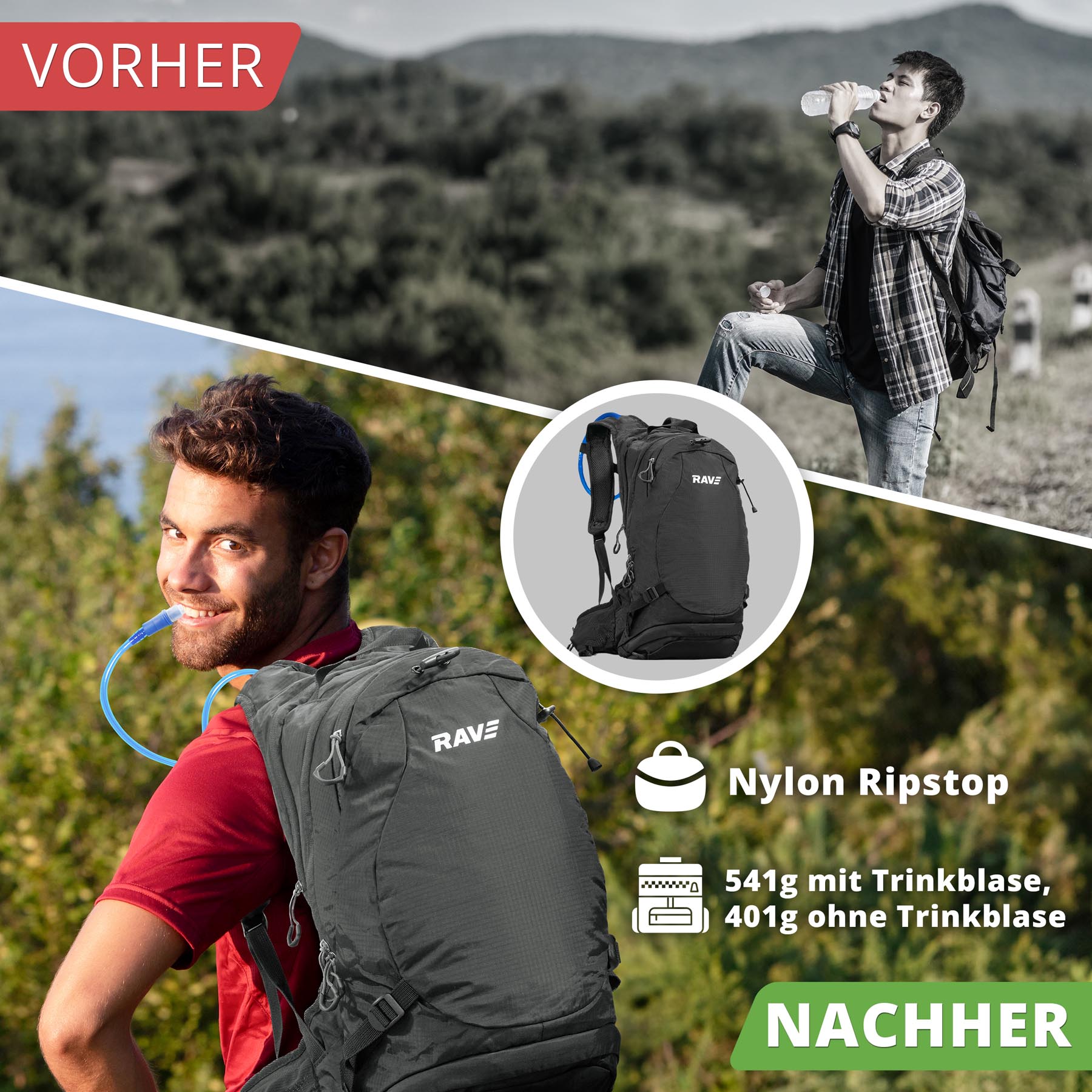 RAVE Bike & Outdoor Rucksack Facile 10 Liter -  inkl. 2 Liter Trinkblase - Schwarz