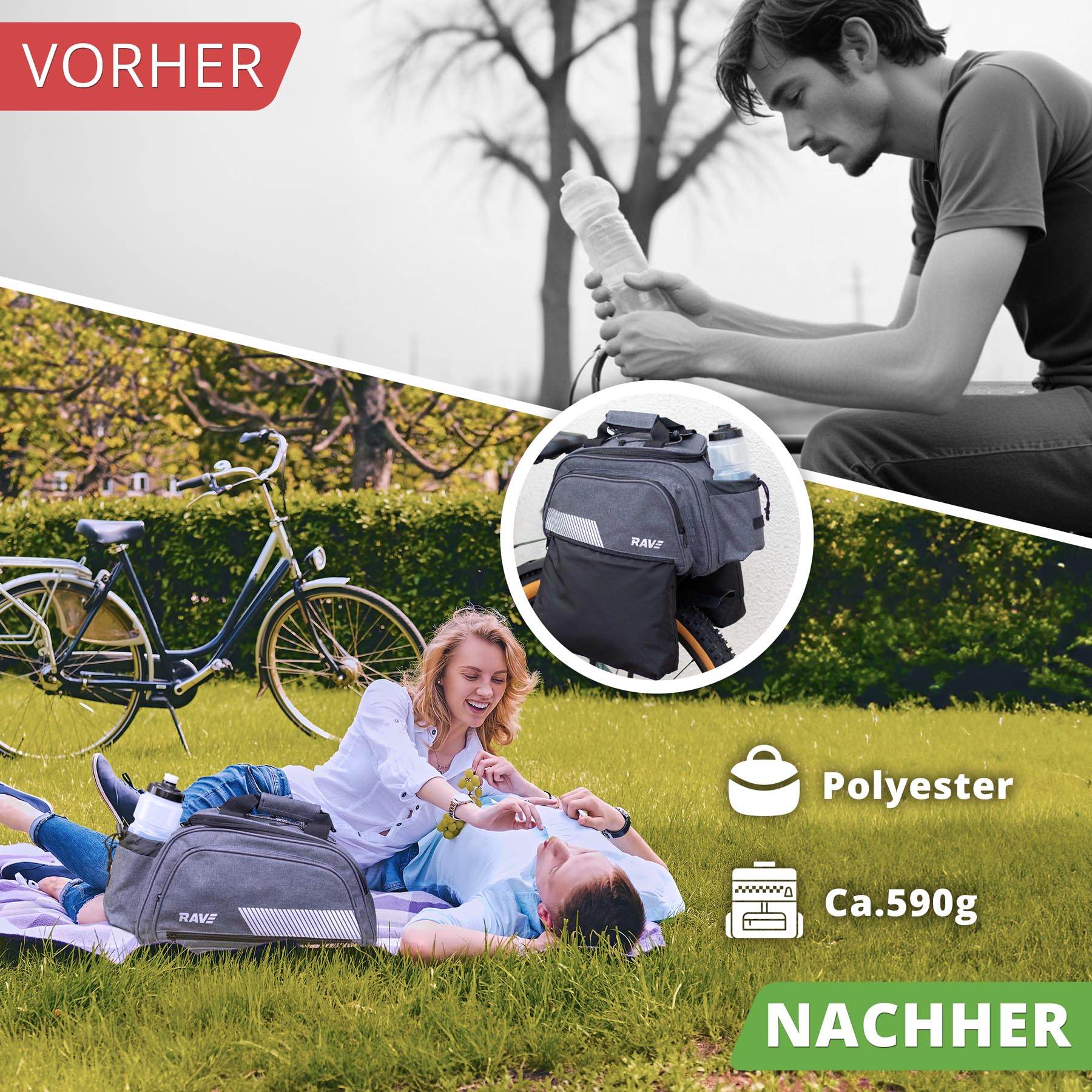 RAVE Gepäckträgertasche Fahrradtasche - mit Kühltasche ca. 5 Liter & 2 Außentaschen je 6 Liter - Grau