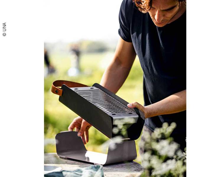 Tischgrill UNA, Holzkohlegrill, ca. 43 x 16 x 9 cm, 2 Grillhöhen, Griff aus Leder, Grau