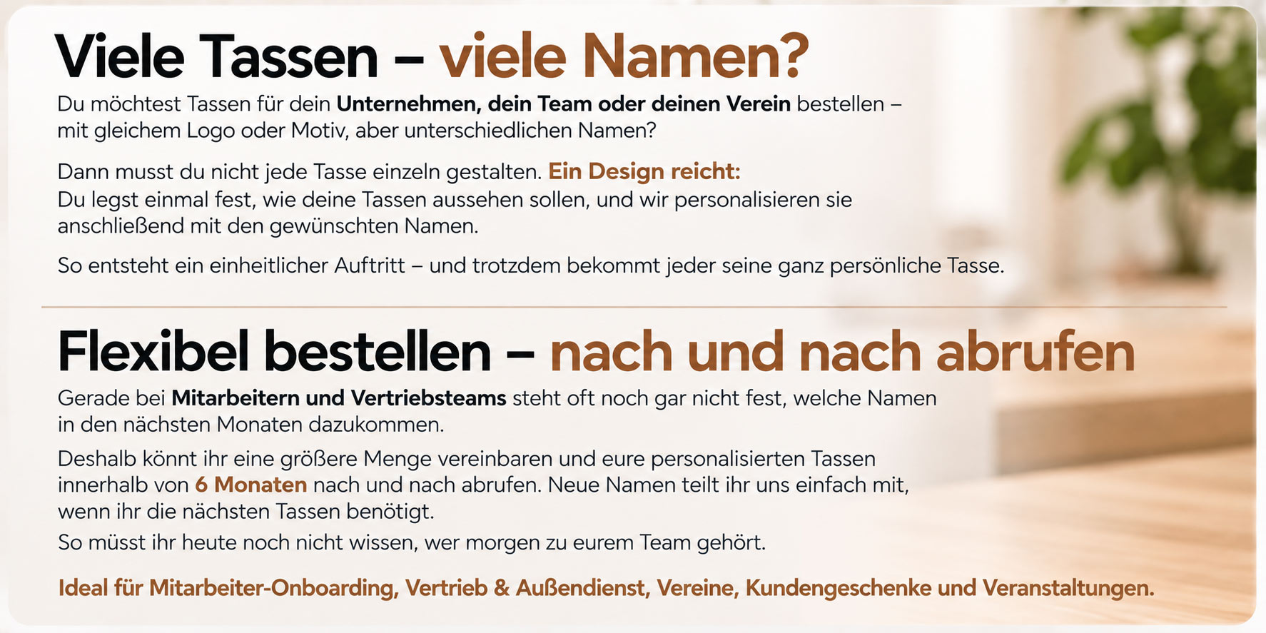 Personalisierte Tassen für Unternehmen, Mitarbeiter, Vertrieb und Vereine flexibel bestellen