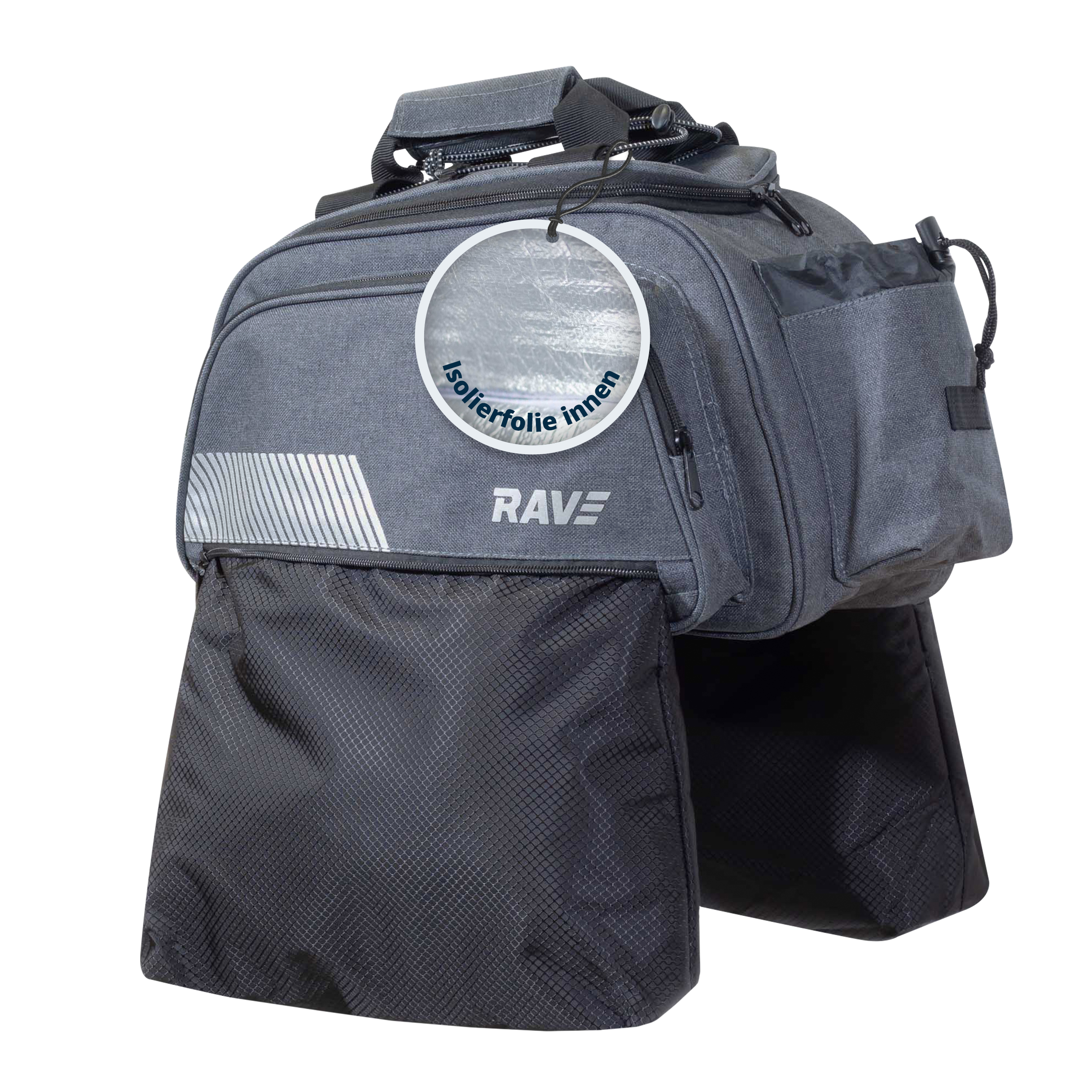 RAVE Gepäckträgertasche Fahrradtasche - mit Kühltasche ca. 5 Liter & 2 Außentaschen je 6 Liter - Grau