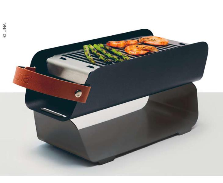 Tischgrill UNA, Holzkohlegrill, ca. 43 x 16 x 9 cm, 2 Grillhöhen, Griff aus Leder, Grau