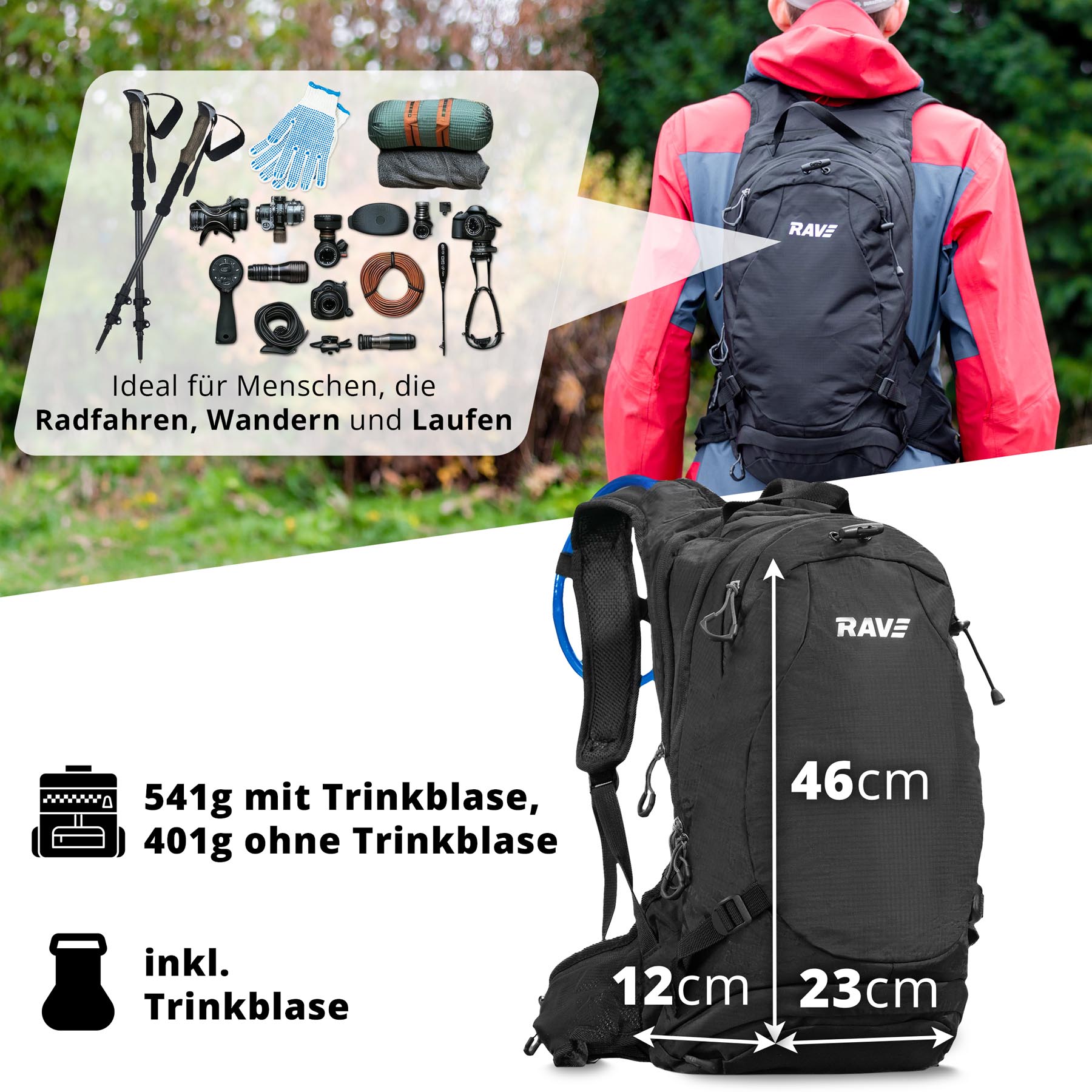 RAVE Bike & Outdoor Rucksack Facile 10 Liter -  inkl. 2 Liter Trinkblase - Schwarz
