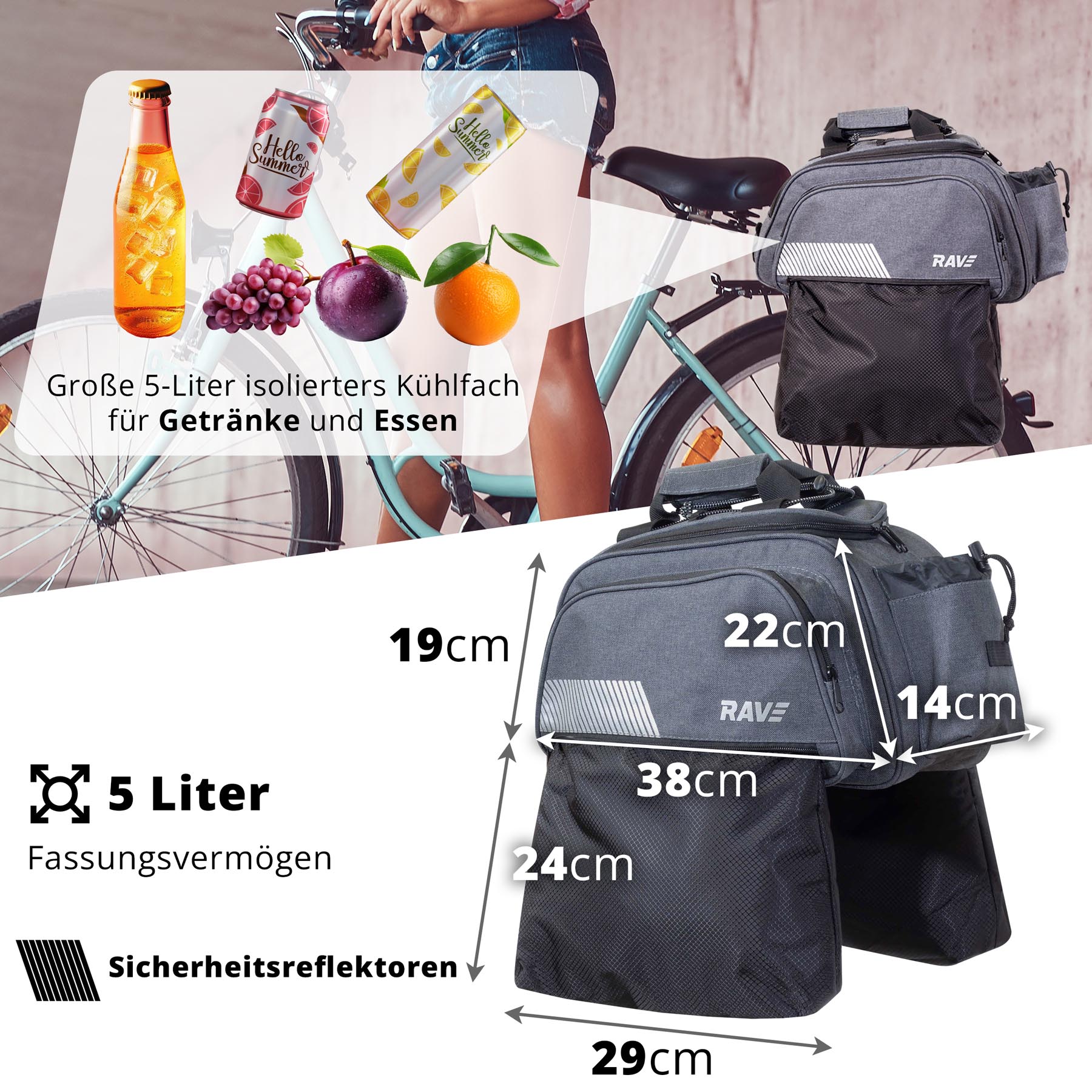 RAVE Gepäckträgertasche Fahrradtasche - mit Kühltasche ca. 5 Liter & 2 Außentaschen je 6 Liter - Grau