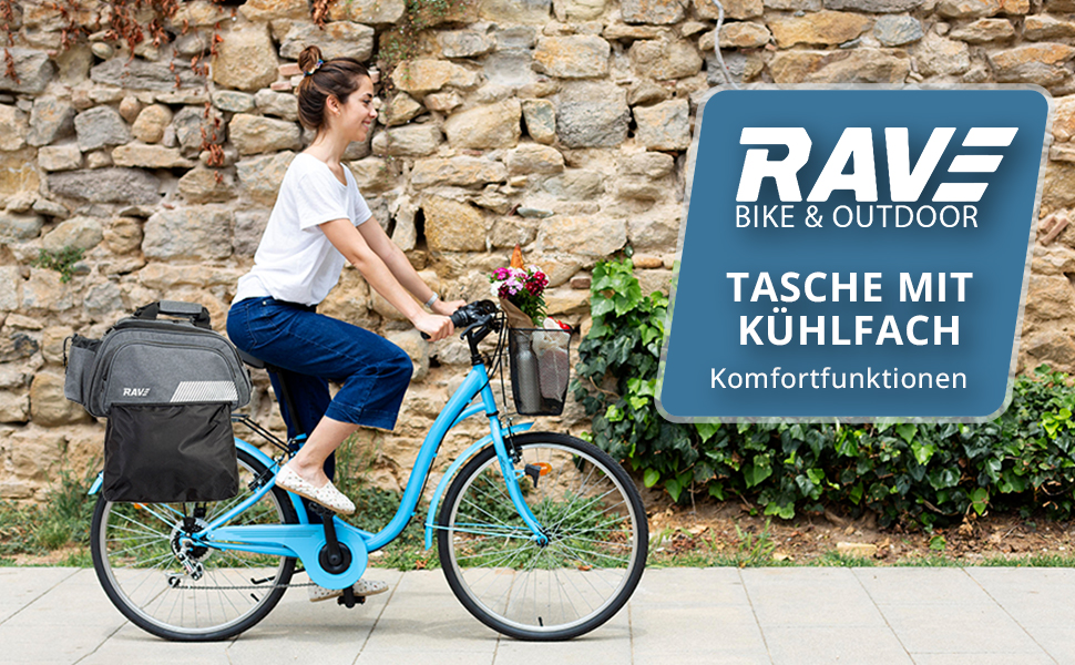 RAVE Gepäckträgertasche Fahrradtasche - mit Kühltasche ca. 5 Liter & 2 Außentaschen je 6 Liter - Grau