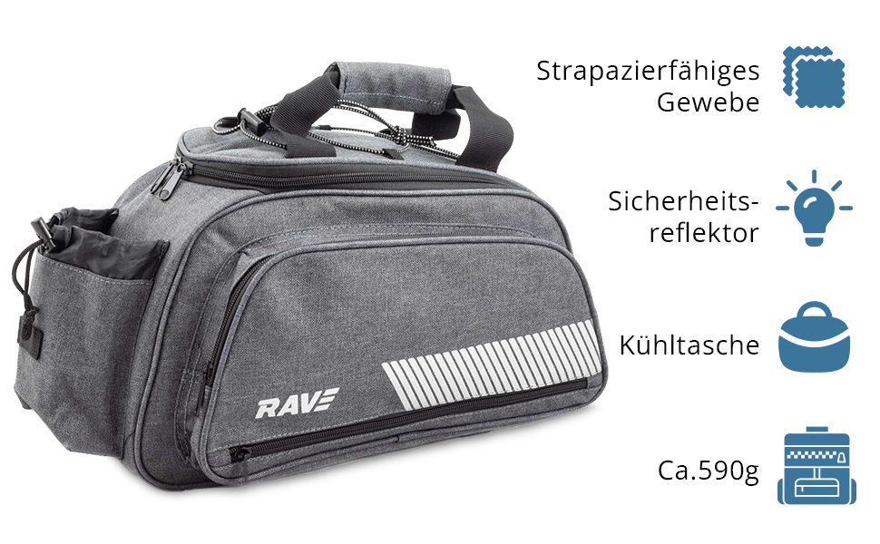 RAVE Gepäckträgertasche Fahrradtasche - mit Kühltasche ca. 5 Liter & 2 Außentaschen je 6 Liter - Grau