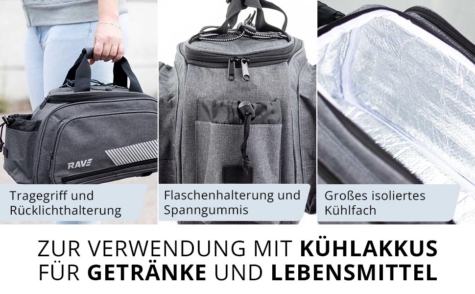 RAVE Gepäckträgertasche Fahrradtasche - mit Kühltasche ca. 5 Liter & 2 Außentaschen je 6 Liter - Grau