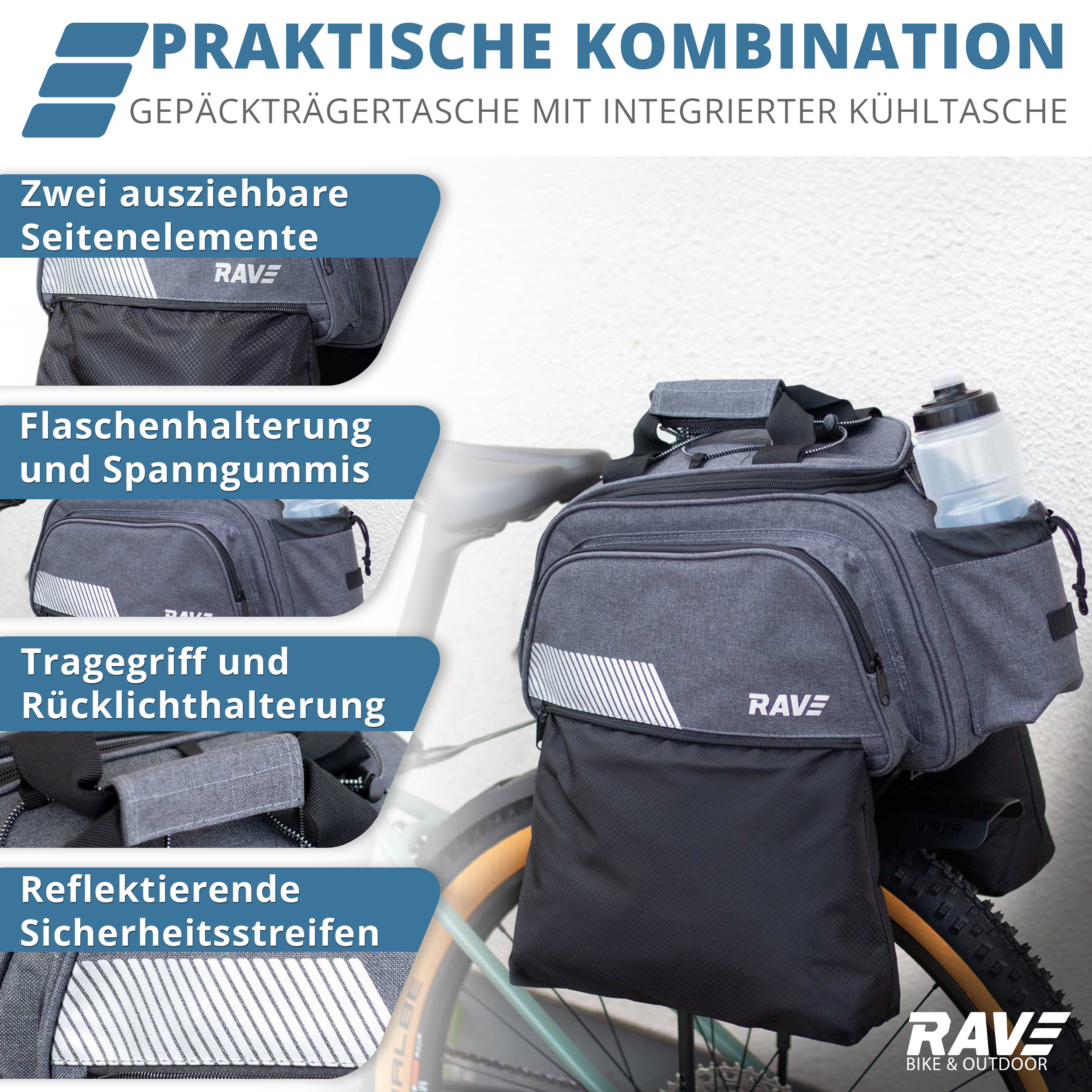 RAVE Gepäckträgertasche Fahrradtasche - mit Kühltasche ca. 5 Liter & 2 Außentaschen je 6 Liter - Grau