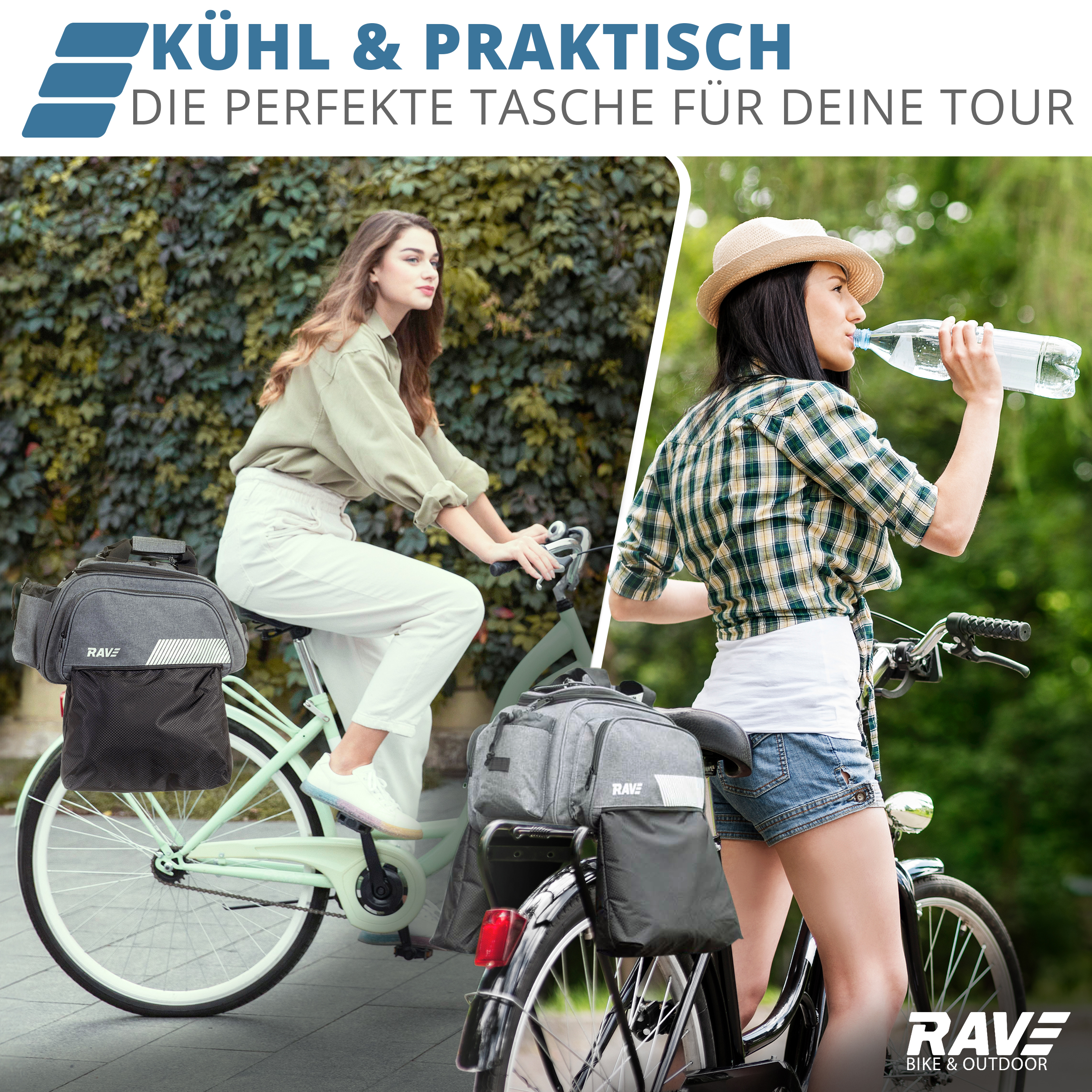 RAVE Gepäckträgertasche Fahrradtasche - mit Kühltasche ca. 5 Liter & 2 Außentaschen je 6 Liter - Grau
