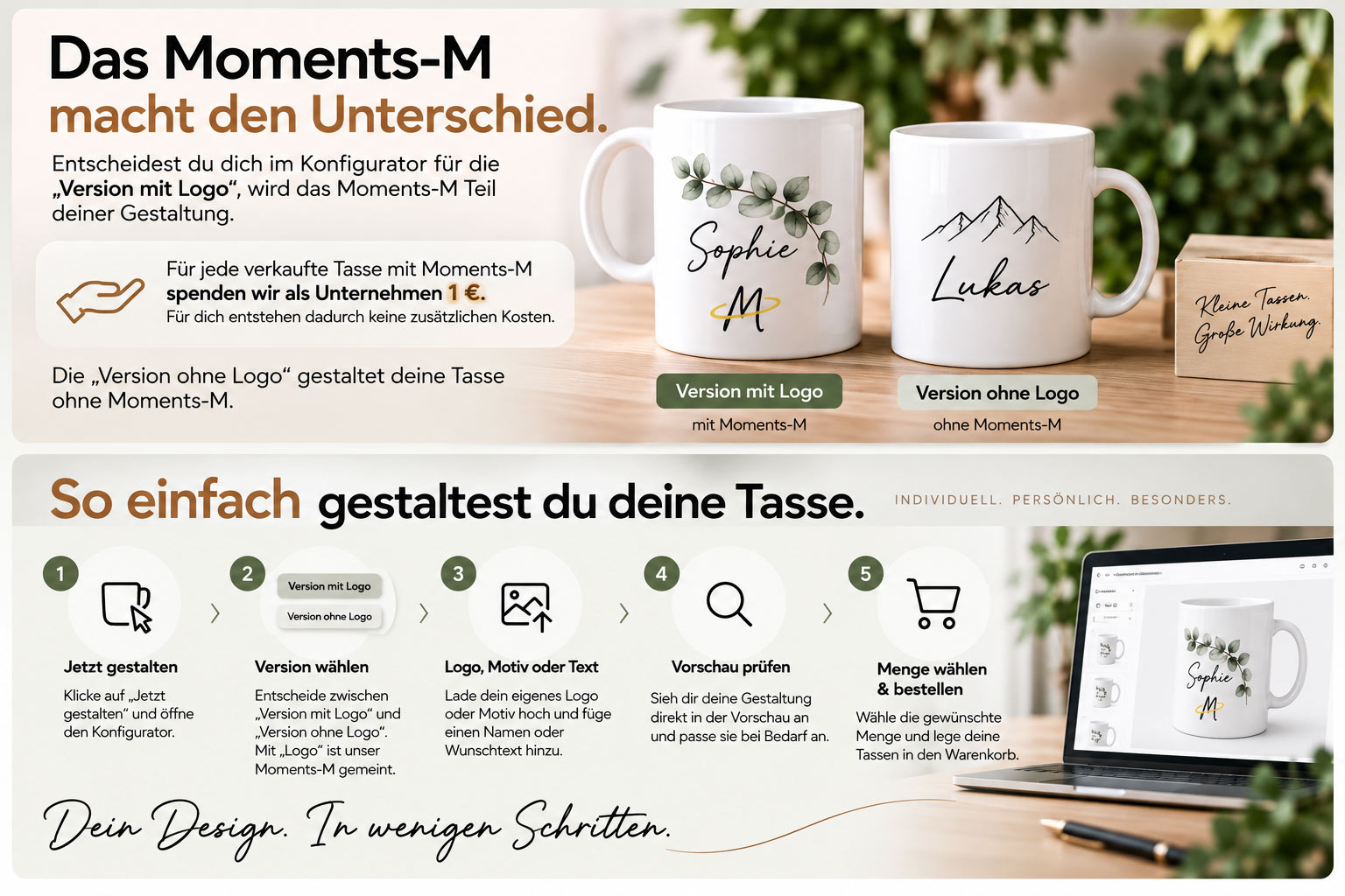 Moments Tasse gestalten – mit oder ohne Moments-M, Name, Logo und Wunschmotiv