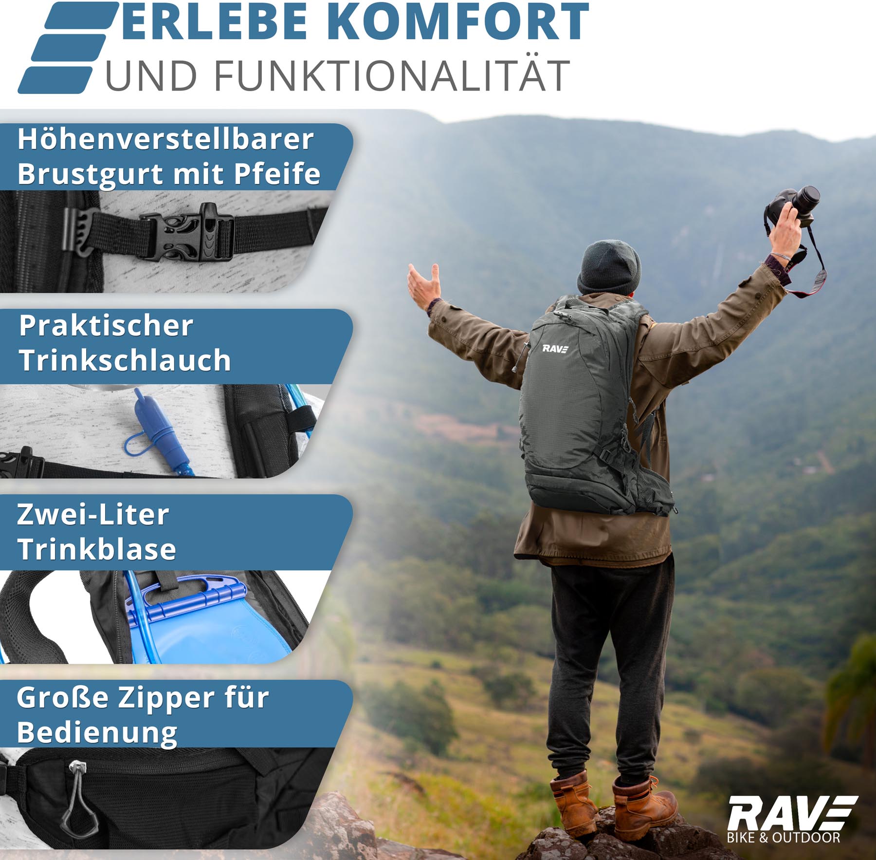 RAVE Bike & Outdoor Rucksack Facile 10 Liter -  inkl. 2 Liter Trinkblase - Schwarz
