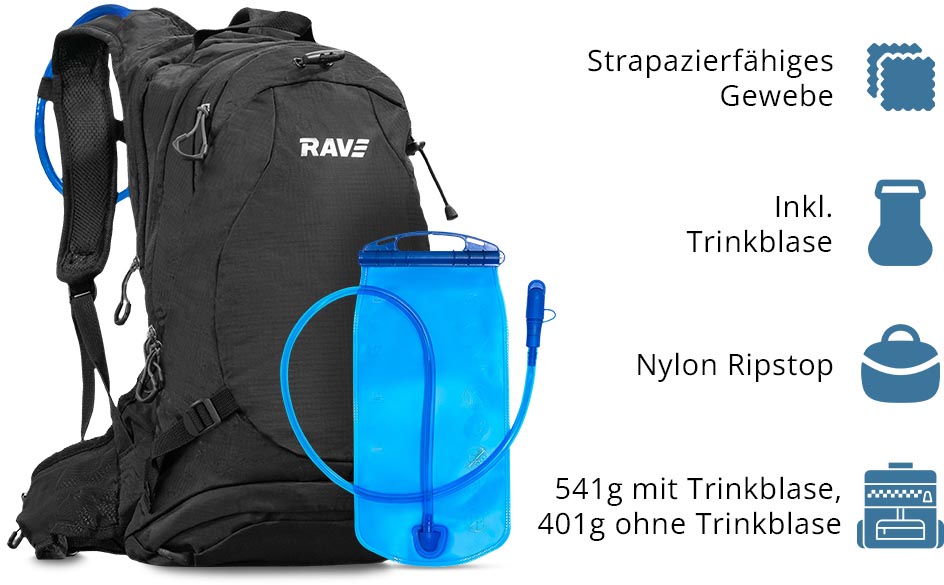 RAVE Bike & Outdoor Rucksack Facile 10 Liter -  inkl. 2 Liter Trinkblase - Schwarz